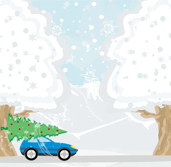 Coche con un árbol de Navidad en el techo — Vector de stock