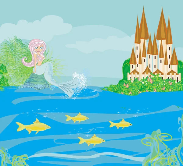 Illustrazione di una bella sirena, castello e pesce — Vettoriale Stock