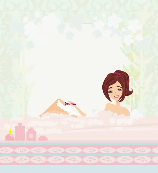 Young woman shaving her legs in bath. — Stock Vector