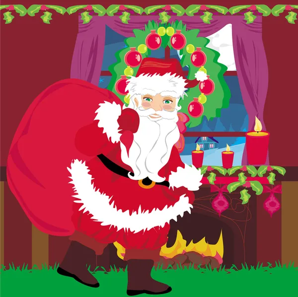 Santa Claus con una bolsa de regalos — Vector de stock