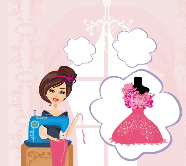 Девушка с швейной машинкой, мечтает о красивом платье — стоковый вектор