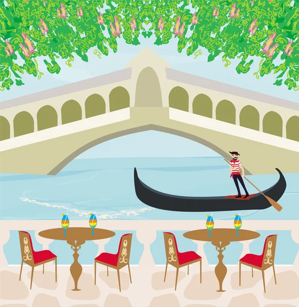 Cafe in Venice, gondola in the background — Stock Vector