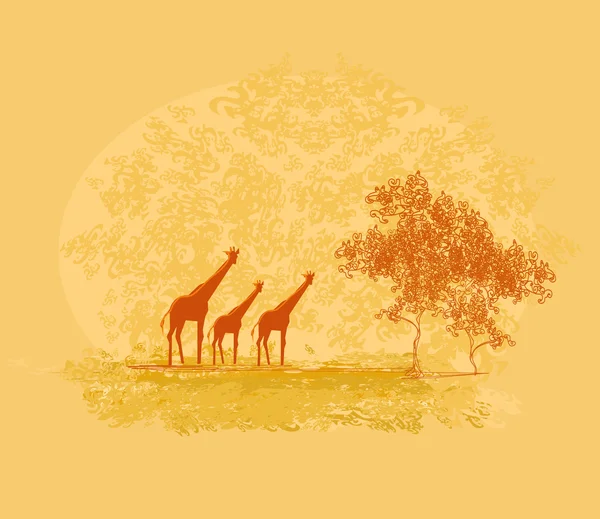 Background with giraffe silhouette on abstract African fauna and — Stock Vector