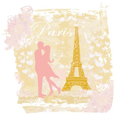 Romantik Çift siluet Paris Eiffel vaktimiz öpüşme