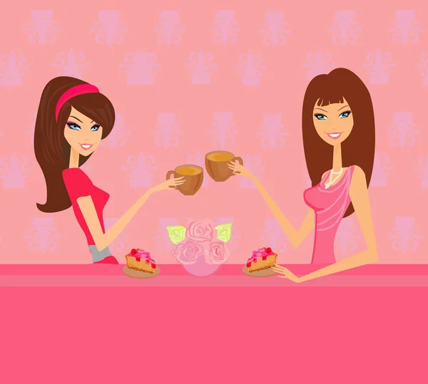 可爱的漂亮两个女孩在喝咖啡休息时间 — 图库矢量图片