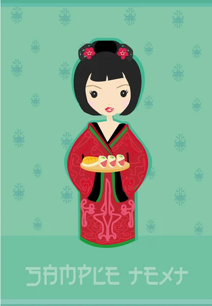 Dulce asiático chica disfrutar sushi — Vector de stock