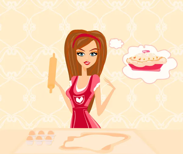 Housewife cooking cake in the kitchen — Stock Vector