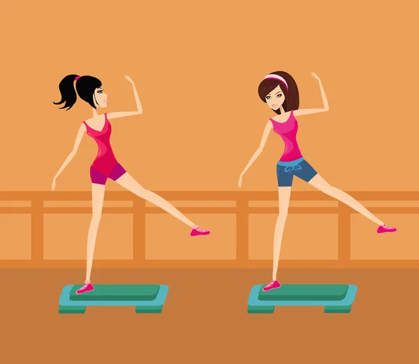 Две молодые женщины делают упражнения на аэробной ступеньке — стоковый вектор