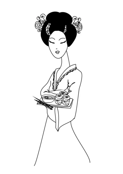 Vacker asiatisk flicka njuta av sushi - doodle illustration — Stock vektor