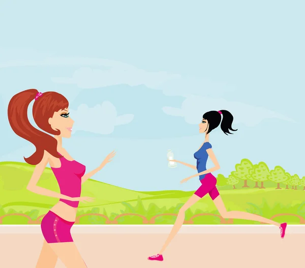 Jogging girls in the park in summer — Stock Vector