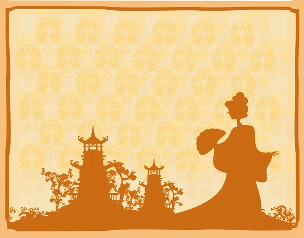 Old paper with geisha silhouette on abstract Asian Landscape — Stock Vector