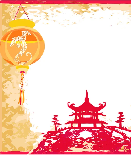 Vieux papier avec paysage asiatique et lanternes chinoises - vintage ja — Image vectorielle
