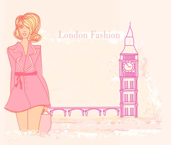 Belle femme et Big Ben à Londres carte — Image vectorielle