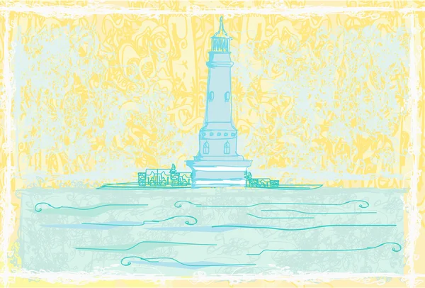 从一个小海滩上看到的灯塔- - Grunge Poster — 图库矢量图片