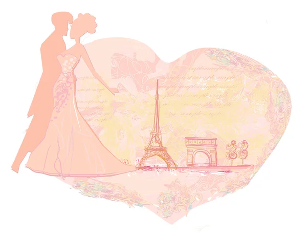 Romantic wedding dancer couple in Paris near the Eiffel Tower. — Stock Vector