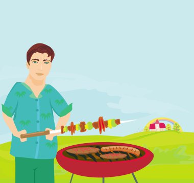 Man cooking on his barbecue in the park vector Man cooking on his barbecue in the park vector