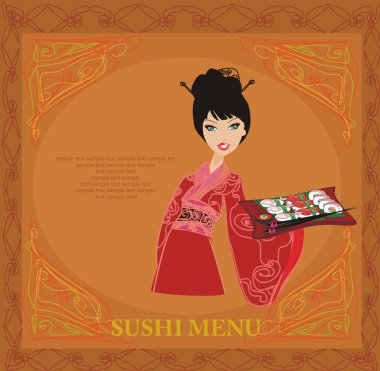 güzel Asyalı kız zevk sushi kart