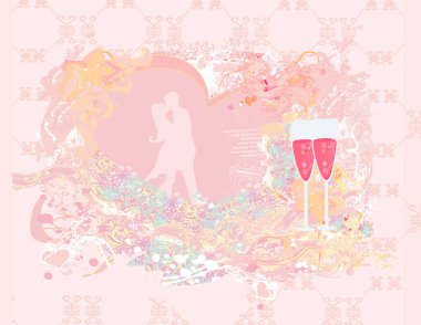 Romantik çiftlerin siluetinin olduğu çiçek dolu tebrik kartı. 