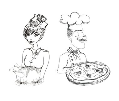 Şef pizza ve bir tavuk garson garson 