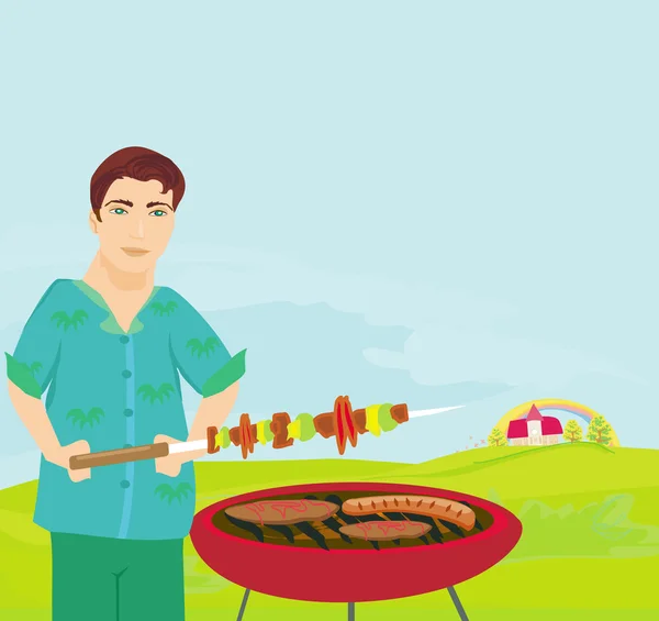 Man cooking on his barbecue in the park — Stock Vector