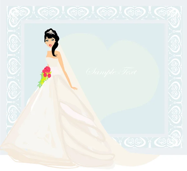 Beautiful bride with red roses card — Stock Vector