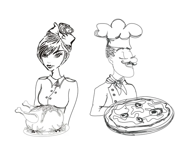 Szef kuchni z pizza i kelnerka serwuje kurczaka — Wektor stockowy