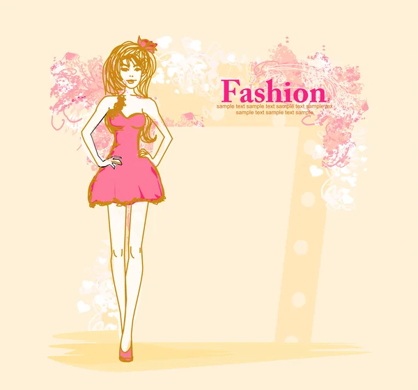 Trendiges Mädchen in einem kurzen Kleid auf floralem Hintergrund — Stockvektor
