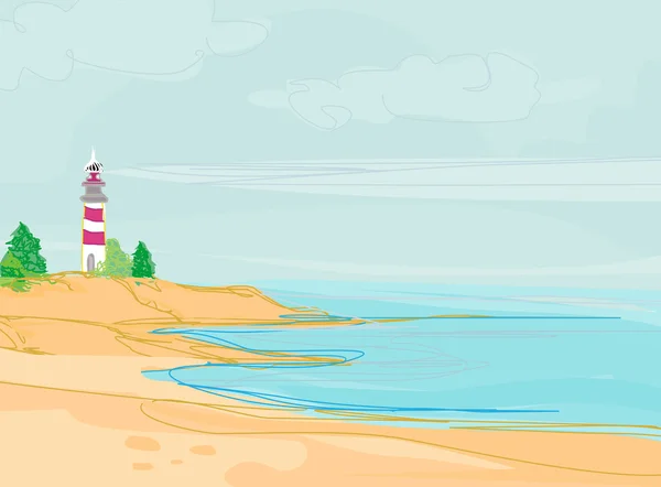 Lighthouse seen from a tiny beach — Stock Vector