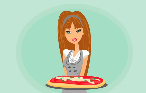 Beautiful woman waitress enjoys pizza — Stock Vector