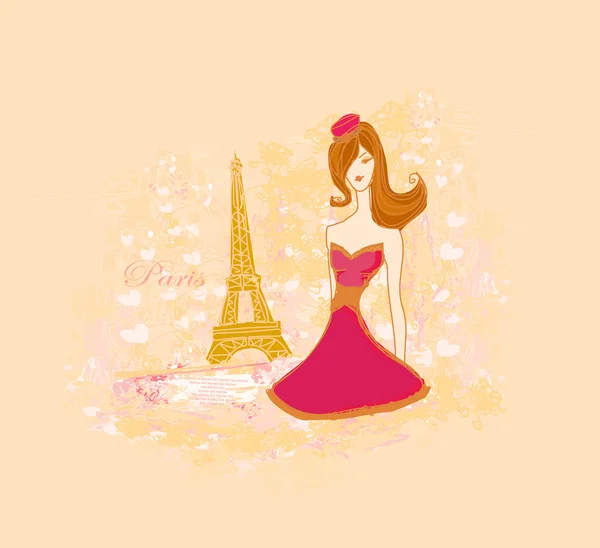 Beautiful fashion women in Paris - vector card — Stock Vector