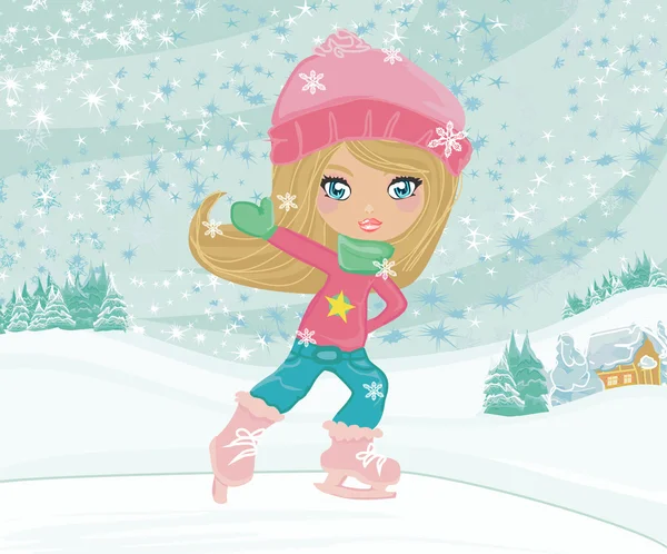Маленькая девочка на коньках по зимнему сельскому пейзажу — стоковый вектор