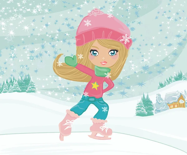 Niña en patines en invierno paisaje rural — Vector de stock