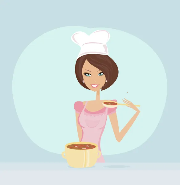 Hermosa señora cocinar sopa — Vector de stock