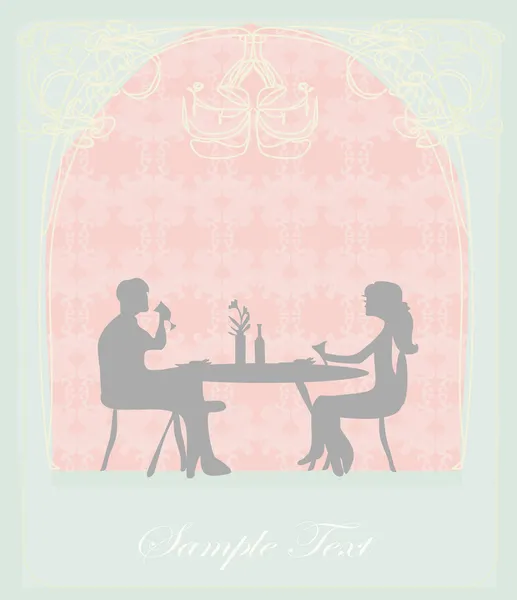 Joven pareja silueta coquetear y beber champán en el restaurante — Archivo Imágenes Vectoriales