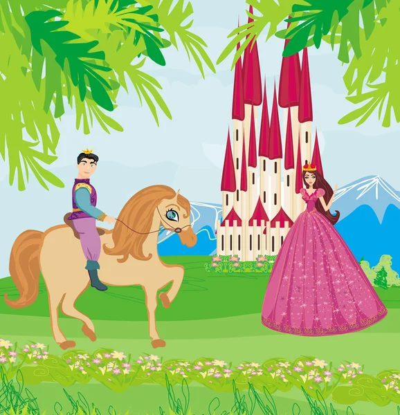 Prince riding a horse to the princess — Stock Vector