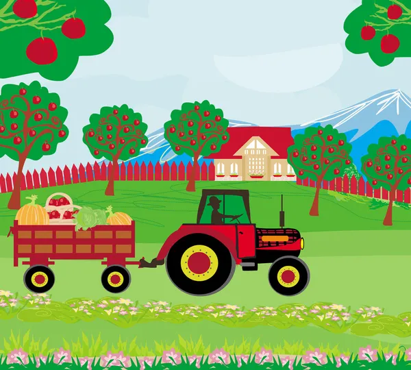 Krajina s jabloněmi a člověk řídit traktor s trai — Stockový vektor
