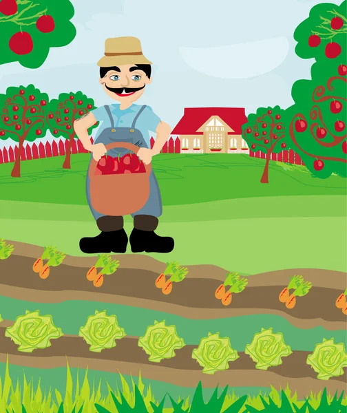 Agriculteur avec un panier de pommes — Image vectorielle