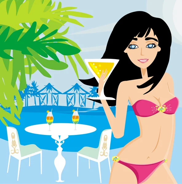 Ragazza in bikini con un drink — Vettoriale Stock