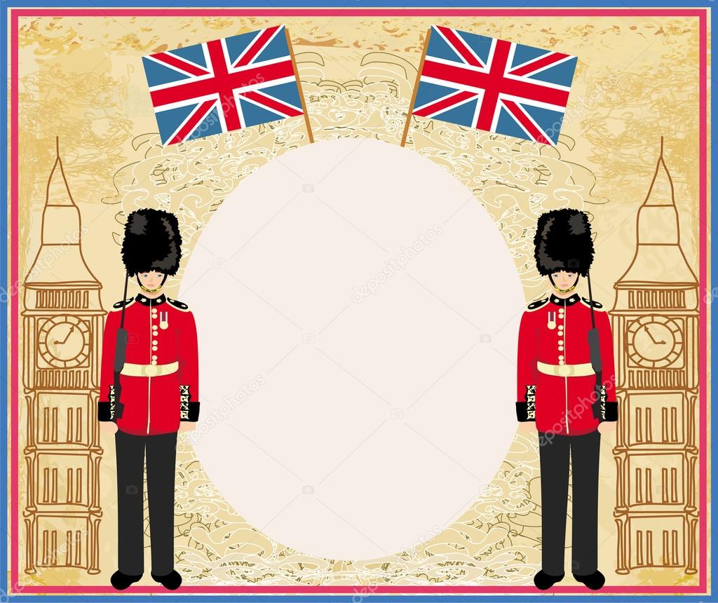 Abstract frame with a flag,Beefeater soldier and Big Ben