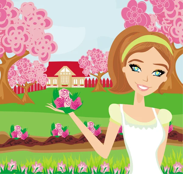 Beautiful woman plant flowers in the garden — Stock Vector