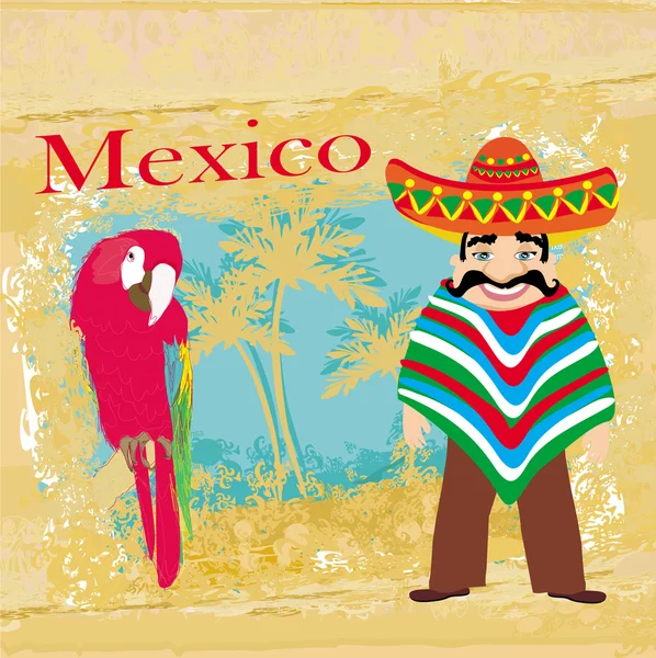 Homem típico mexicano e papagaio colorido — Vetor de Stock