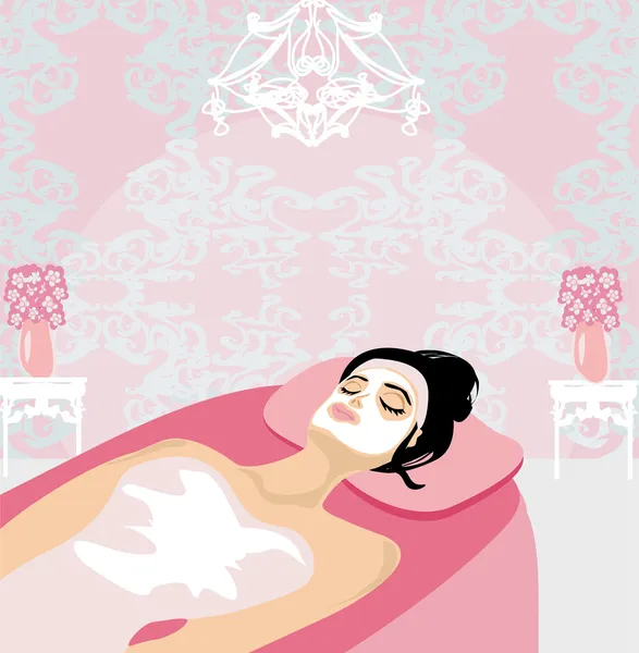 Kobieta z maską na twarzy relaksuje się w salonie spa — Wektor stockowy