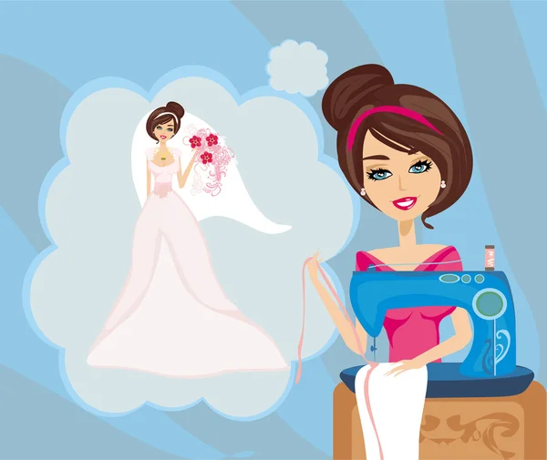 Menina com máquina de costura, sonhos de um vestido de noiva bonito — Vetor de Stock