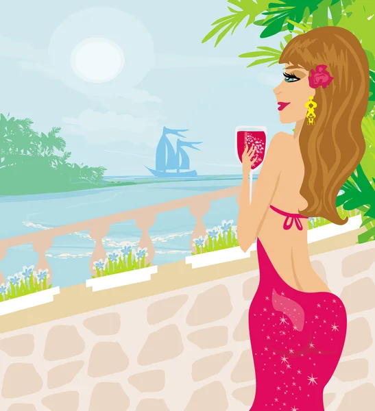 Kız tatilde, kırmızı şarap içiyor. — Stok Vektör