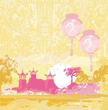 eski kağıt ile Asya Peyzaj ve Çin fenerleri - vintage ja