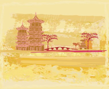 Çin eski soyut Asya peyzaj üzerinde bina ile eski kağıt