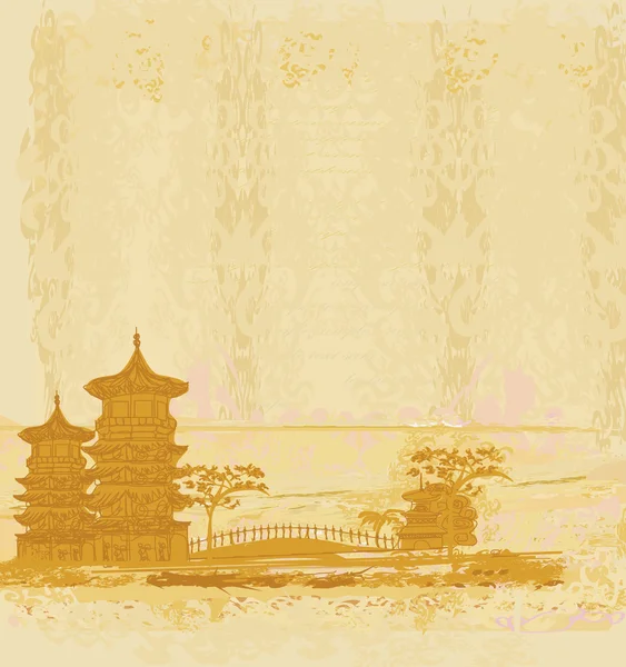 Vieux papier avec vieux bâtiment chinois sur paysage asiatique abstrait — Image vectorielle