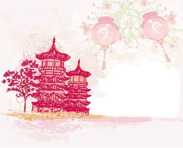 Vieux papier avec paysage asiatique et lanternes chinoises - vintage ja — Image vectorielle