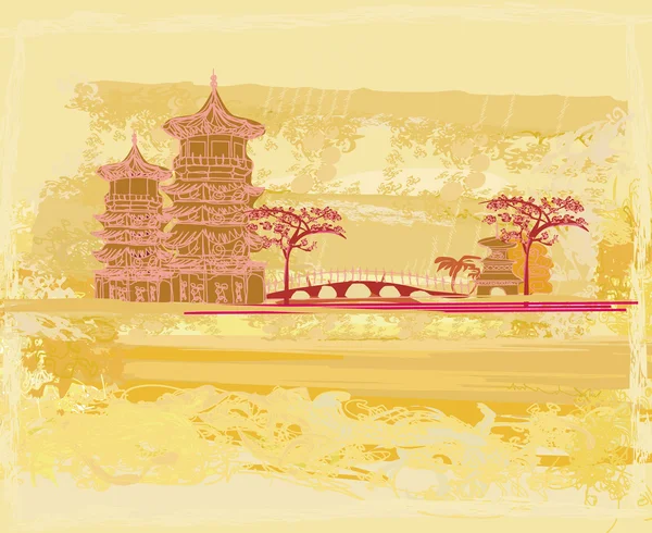 Old paper with Chinese old building on abstract Asian Landscape — Stock Vector