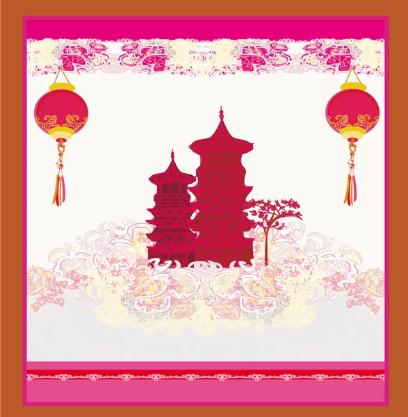 Old paper with Asian Landscape and Chinese Lanterns - vintage ja — Stock Vector